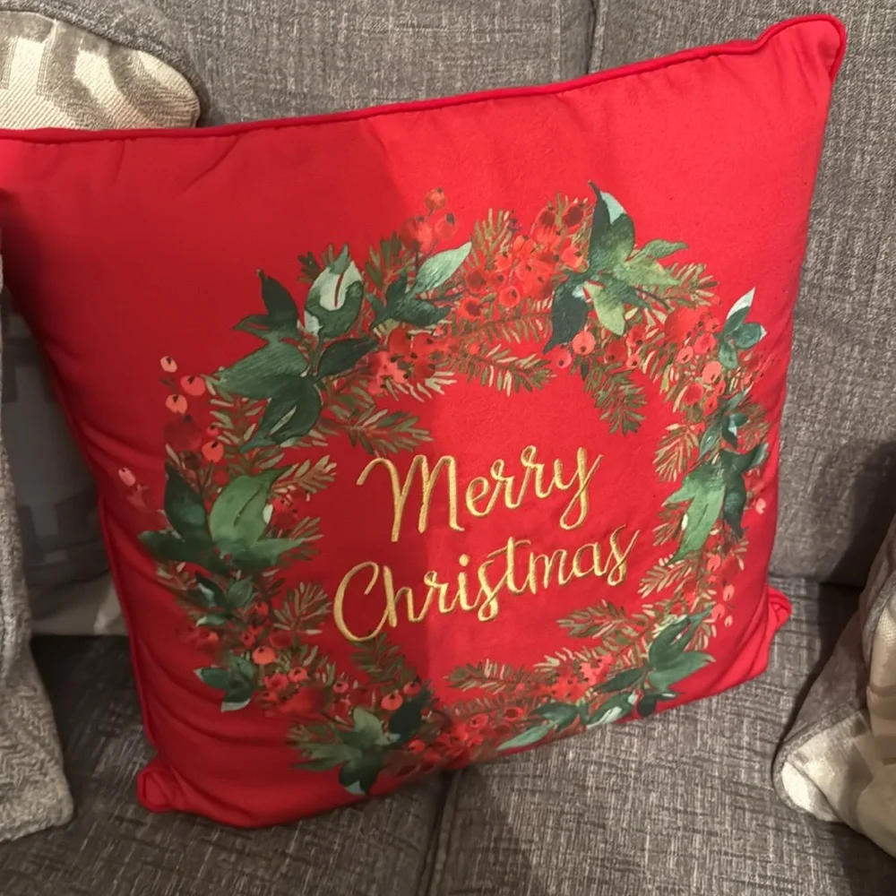 Merry Christmas Embroidered Holiday Throw 16x16” Pillow Home Decor